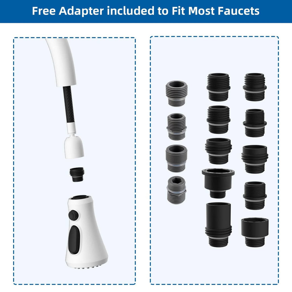 White pull-down spray head with included adapter fittings for most faucets