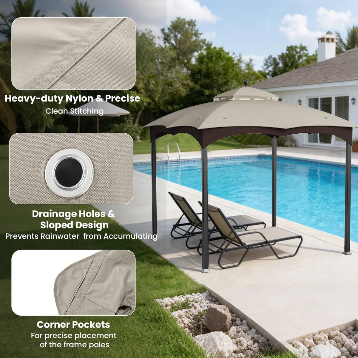 Beige gazebo canopy replacement top with drainage holes, installed beside a swimming pool