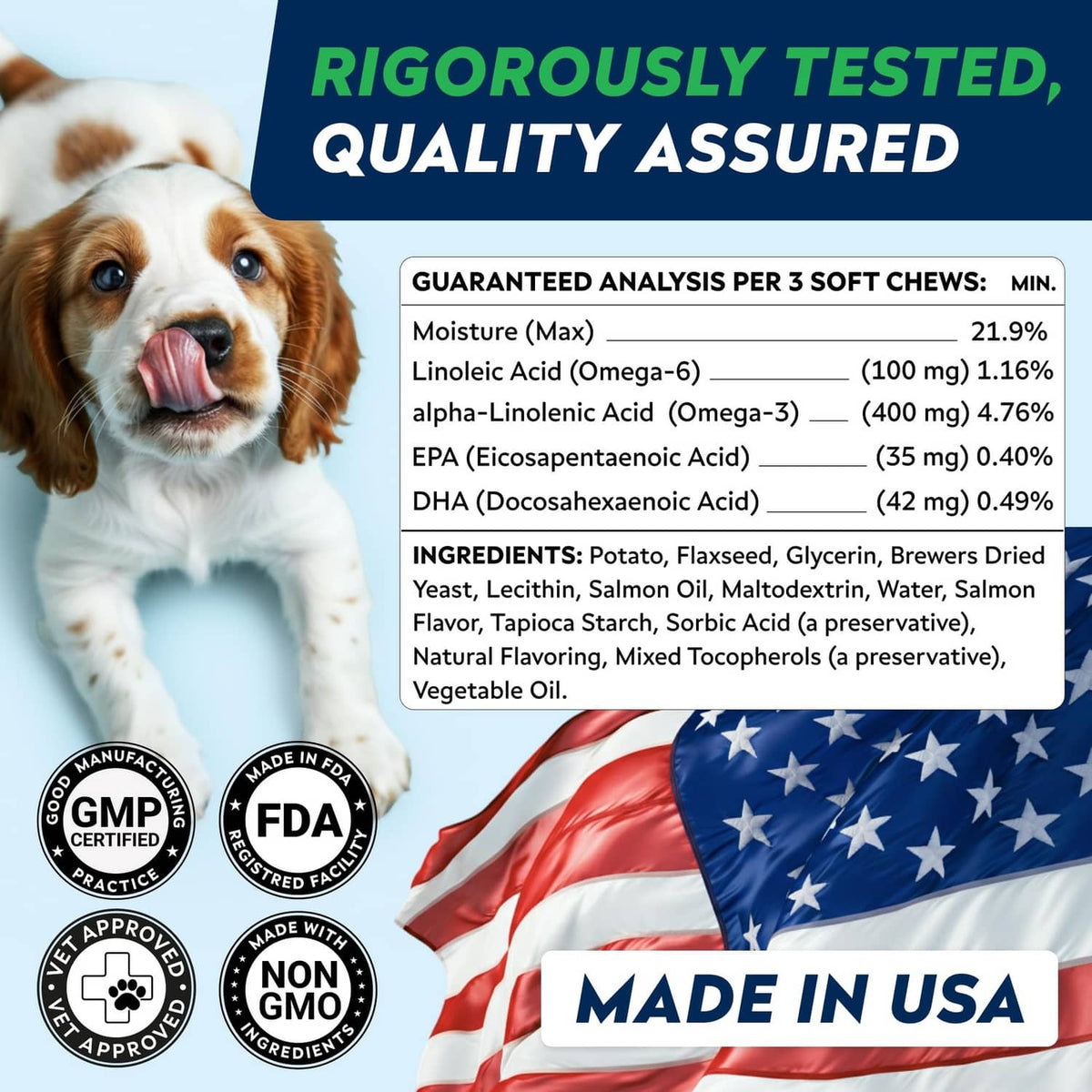 Guaranteed analysis and ingredients list for omega 3 soft chews