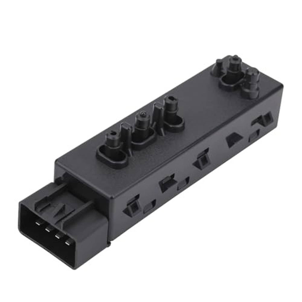 Black power seat switch control module with button openings and side mounting tabs