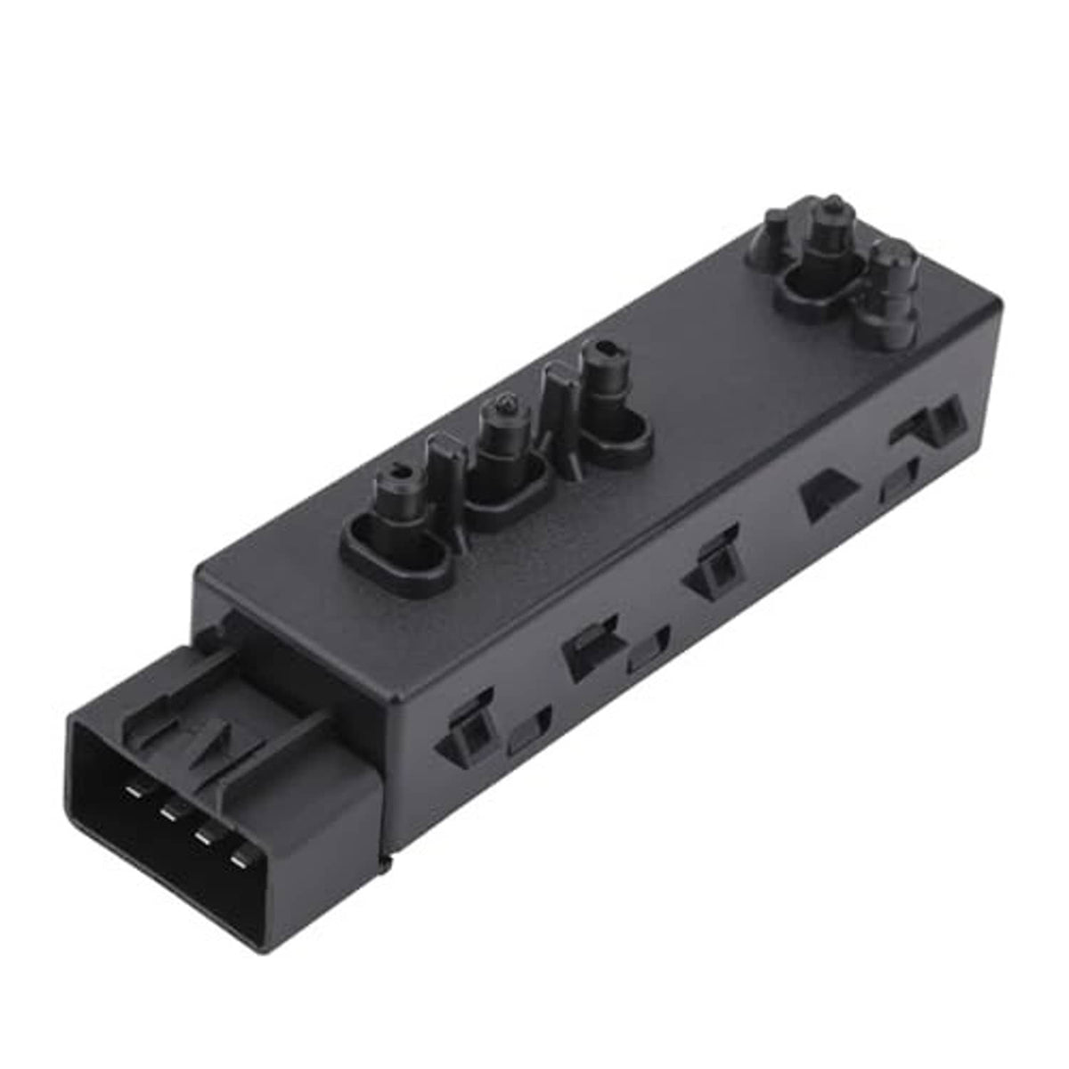 Black power seat switch control module with button openings and side mounting tabs