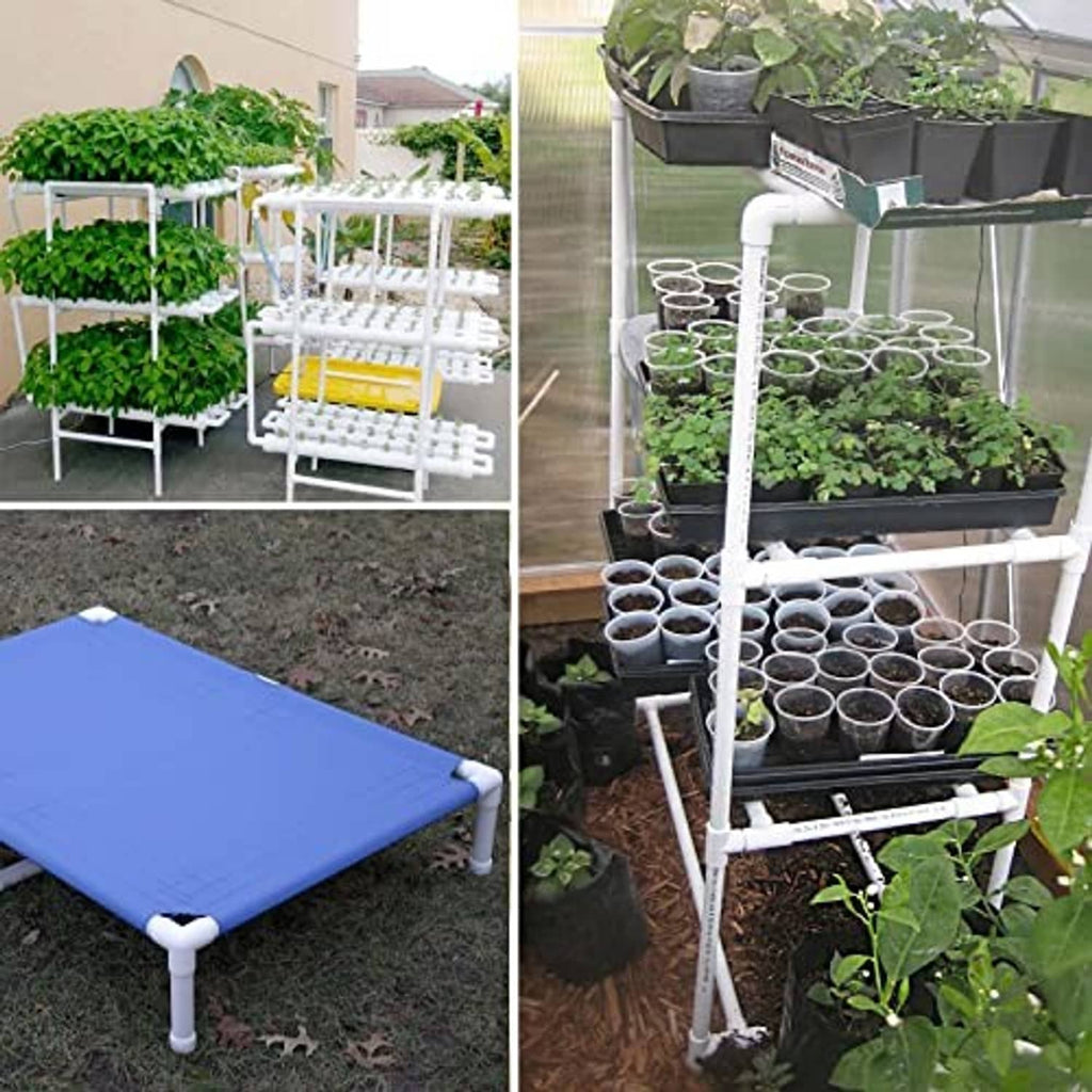 PVC pipe end caps on a white raised garden frame made from tubing