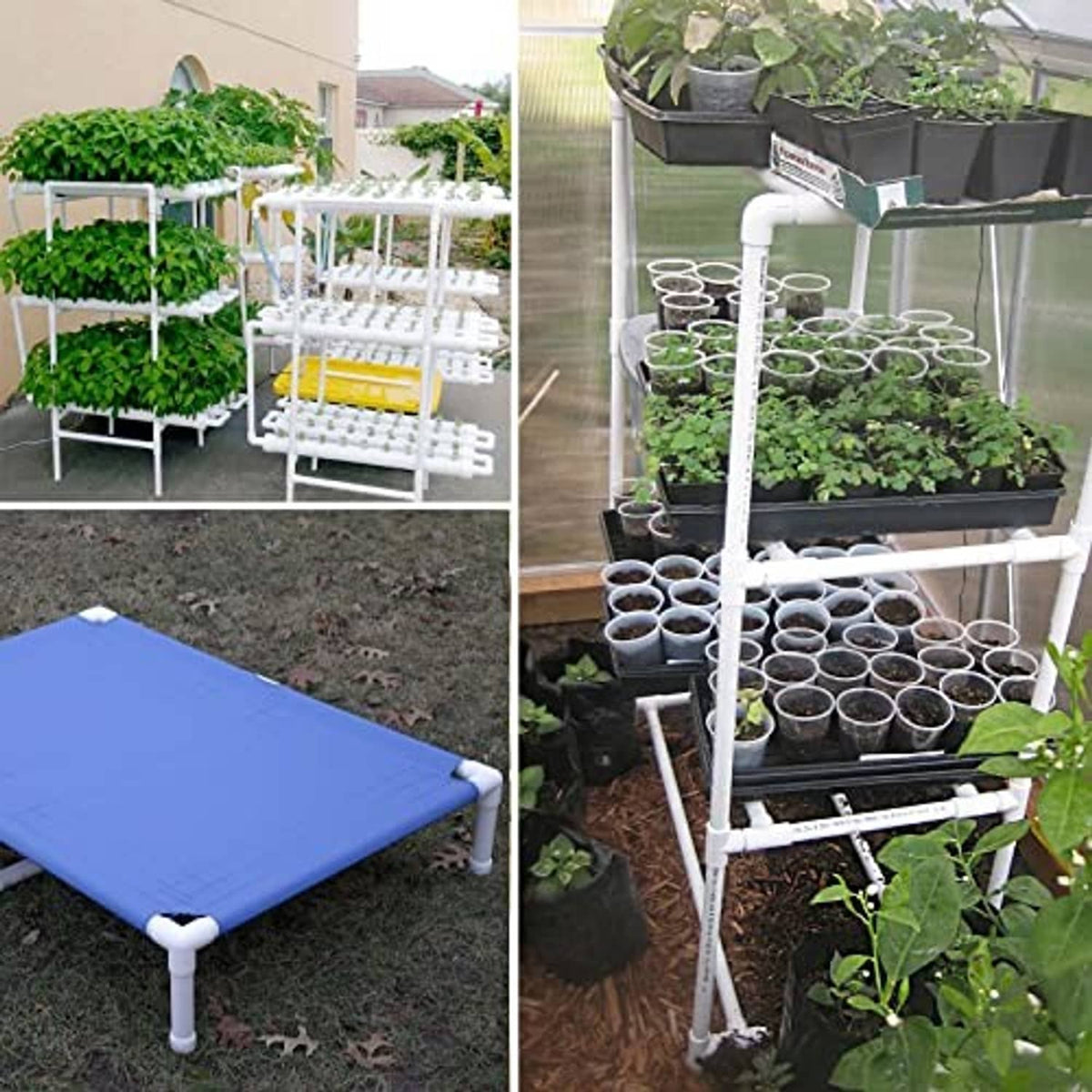 PVC pipe end caps on a white raised garden frame made from tubing