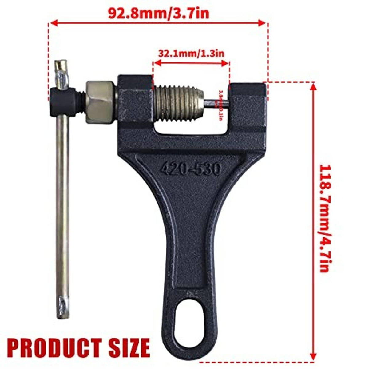 Black chain breaker tool with threaded bolt and long alignment rod, front view