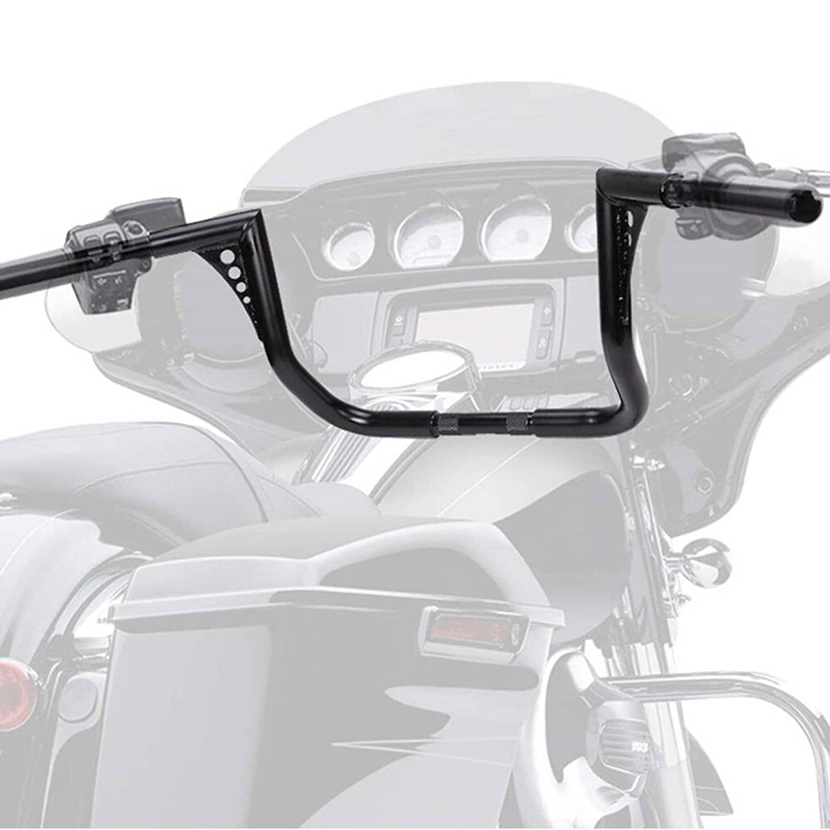 Raised ape handlebar in black finish, mounted across motorcycle dash