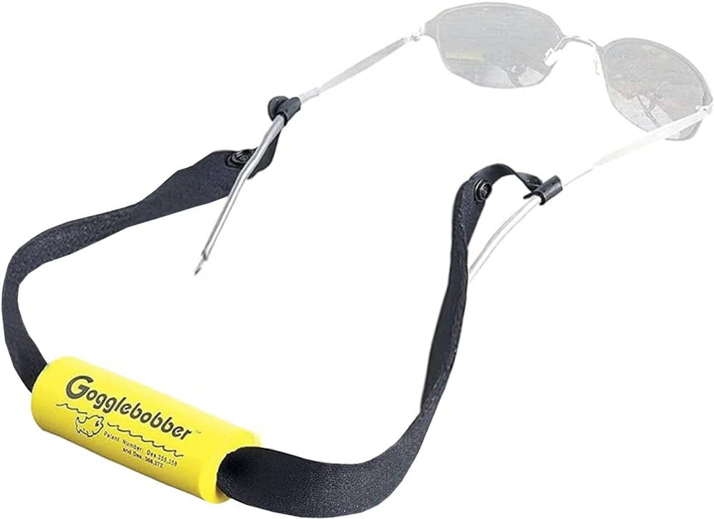 Floating eyewear retainer strap with black fabric and yellow foam buoy ends