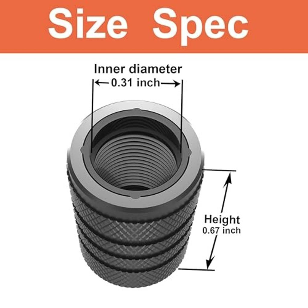 Black valve stem cap shown with inner opening and overall height dimensions