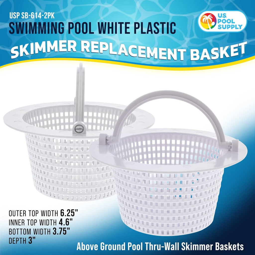 White plastic swimming pool skimmer replacement basket with handle loops