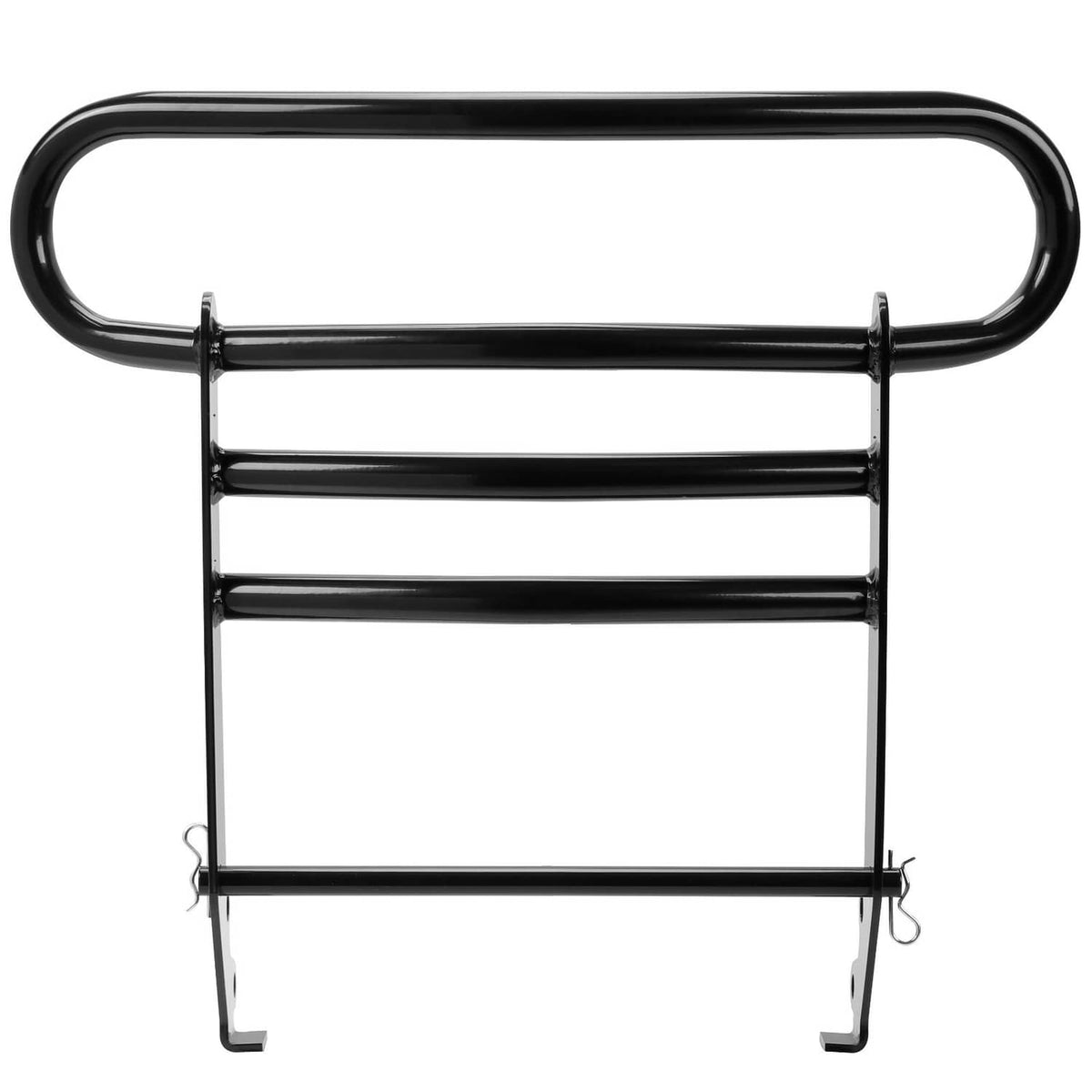 Black bumper brush guard with curved top bar, 4 rail bars, and side mounting feet