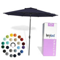 Navy 9 ft patio umbrella with dark canopy and central crank pole