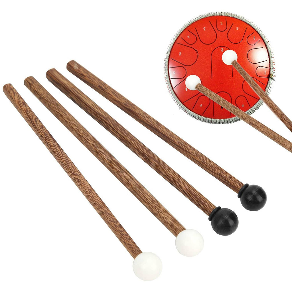 4-piece tongue drum mallet set with brown wooden handles and black and white rubber heads