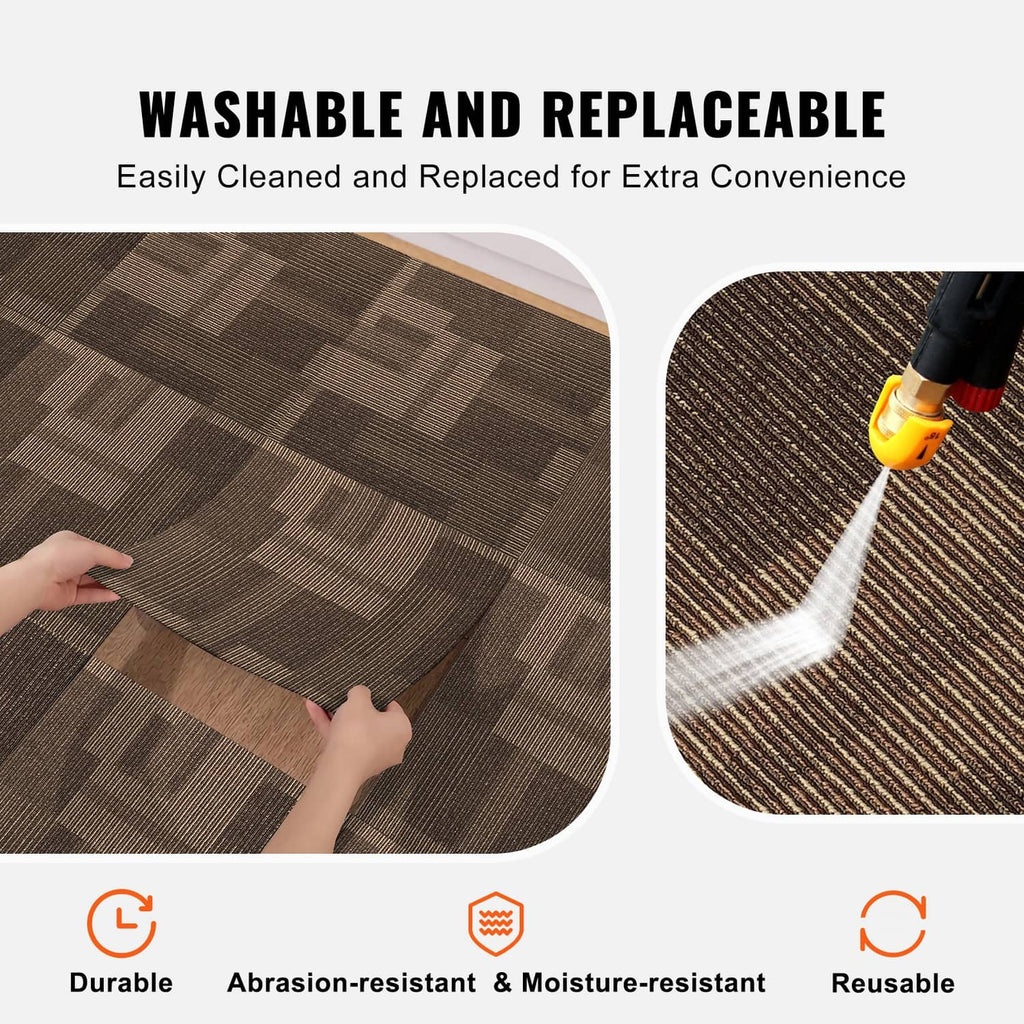 Brown woven carpet tile square showing thickness and 24x24 size