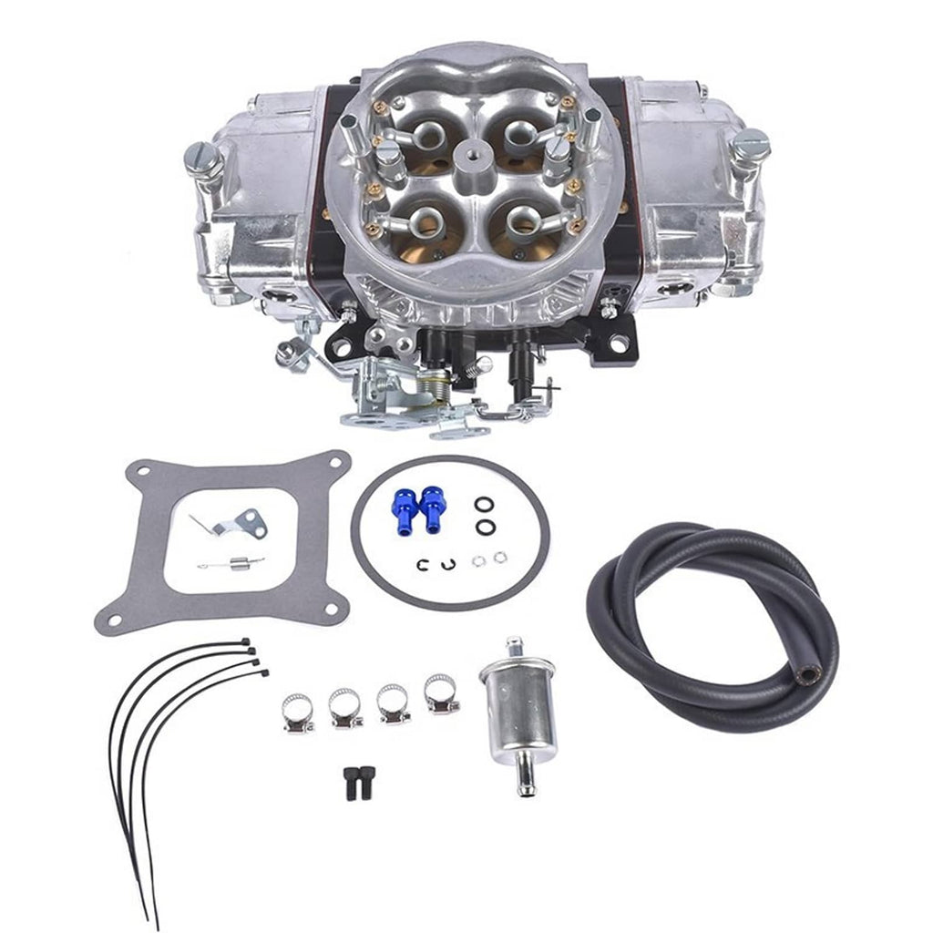 Billet aluminum 4-barrel double pumper race carburetor front view with mounting gasket