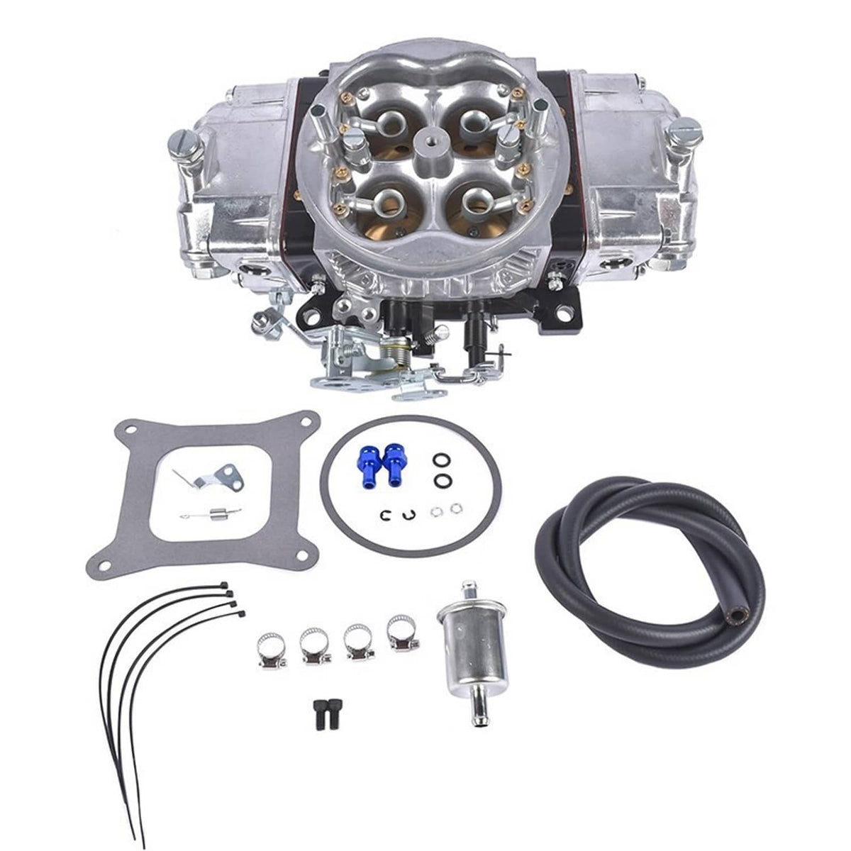 Billet aluminum 4-barrel double pumper race carburetor front view with mounting gasket