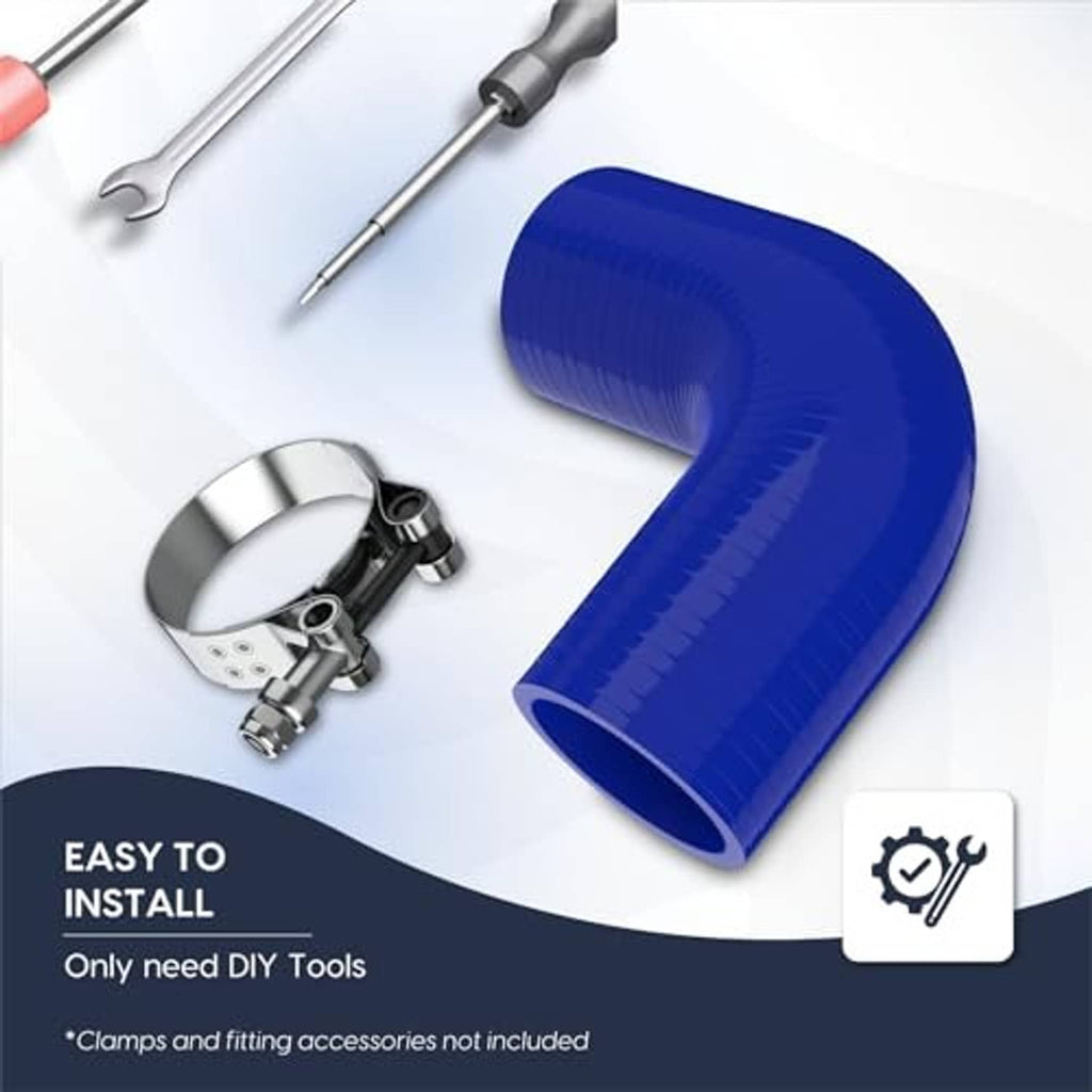 Blue 90-degree silicone elbow coupler with fittings and wrench/tools shown