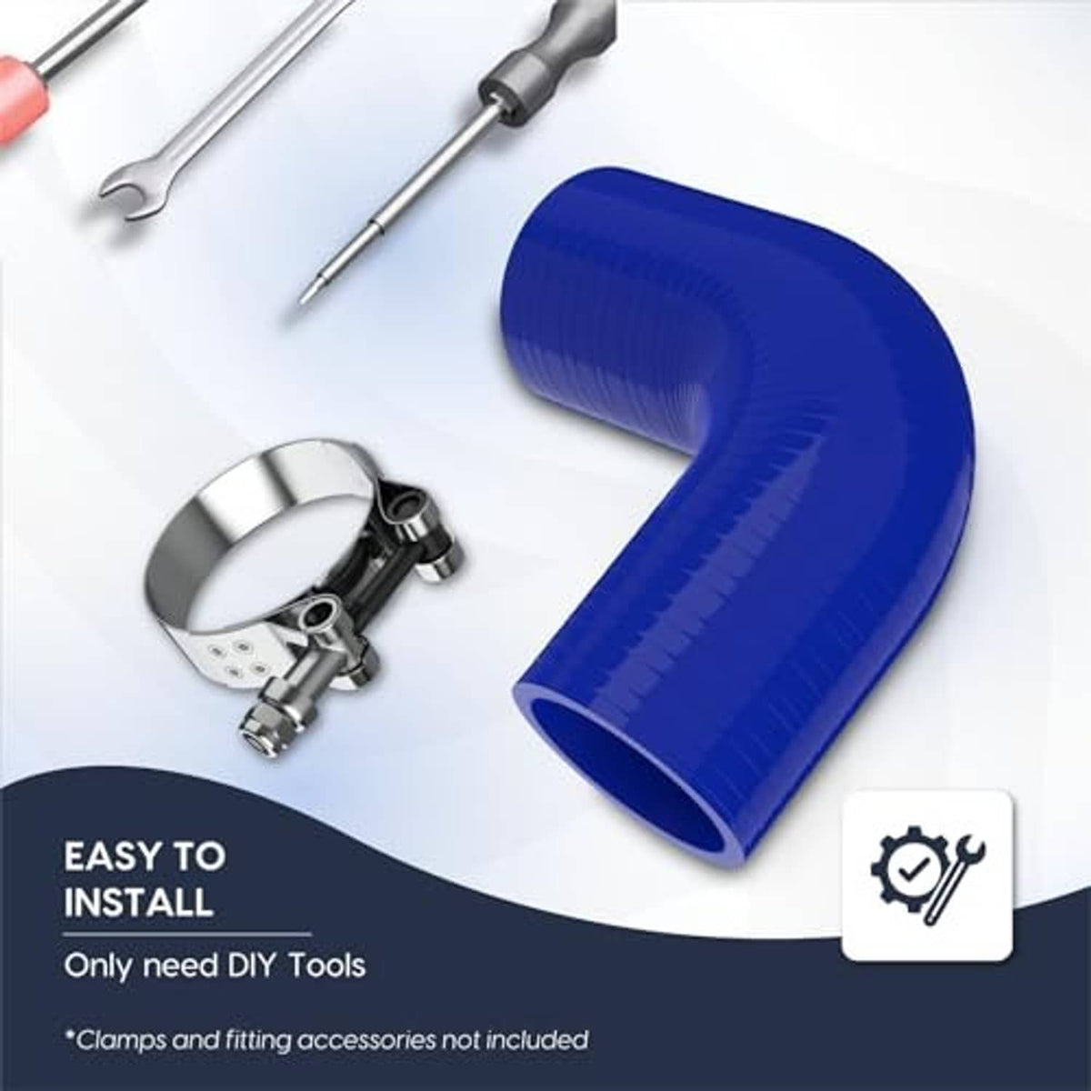 Blue 90-degree silicone elbow coupler with fittings and wrench/tools shown