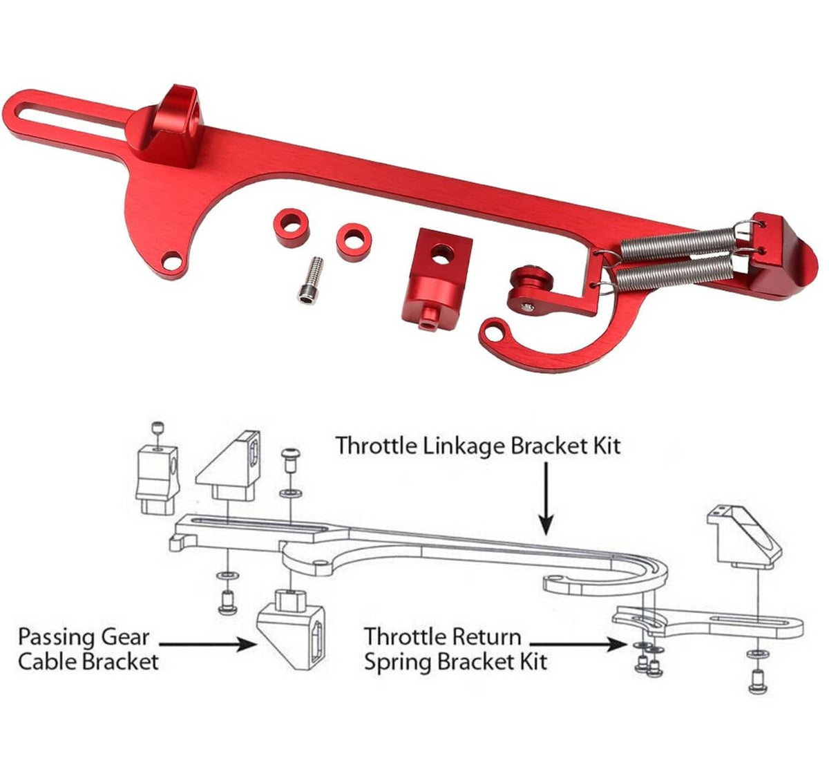 Red aluminum throttle cable bracket kit with spring and mounting hardware