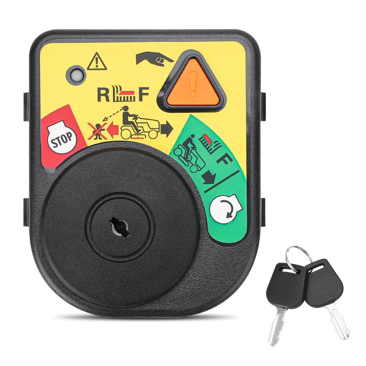Ignition switch module with two keys, black housing and yellow safety label