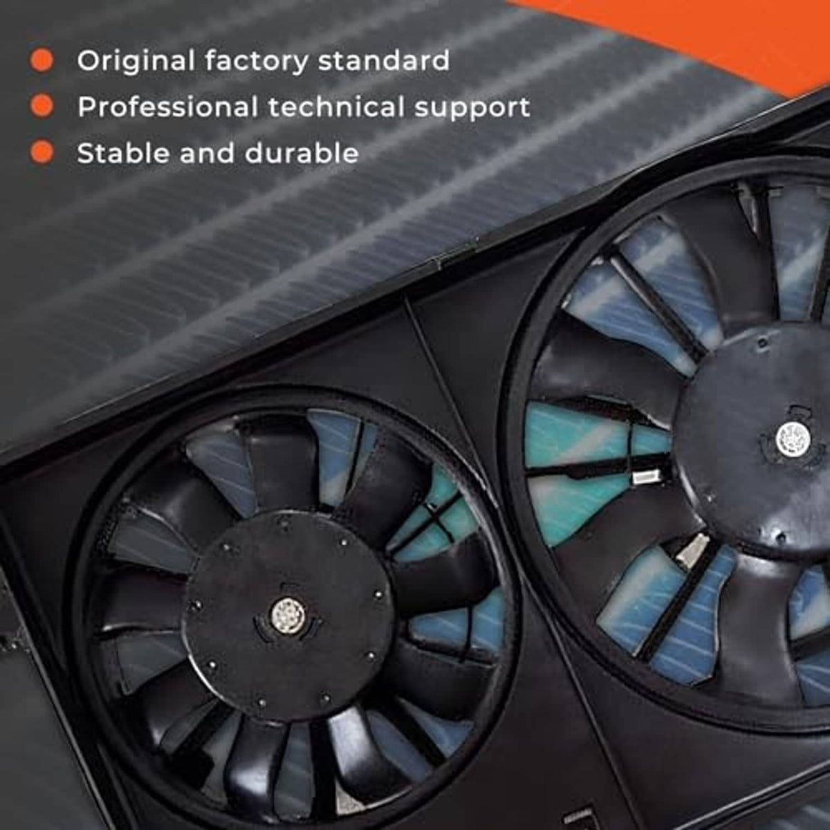 Dual radiator cooling fans in black housing with visible fan blades and motor centers