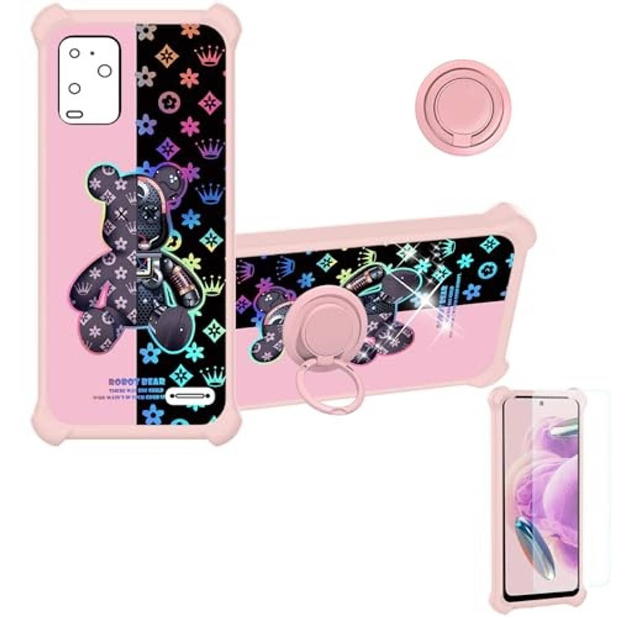 Pink and black phone case with cartoon bear graphic, back ring holder and clear screen cover