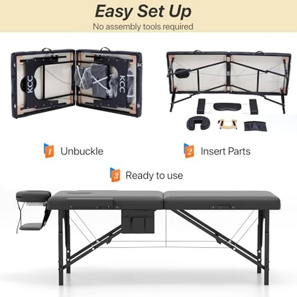 Folded massage table kit with black frame panels and headrest, set up in seconds