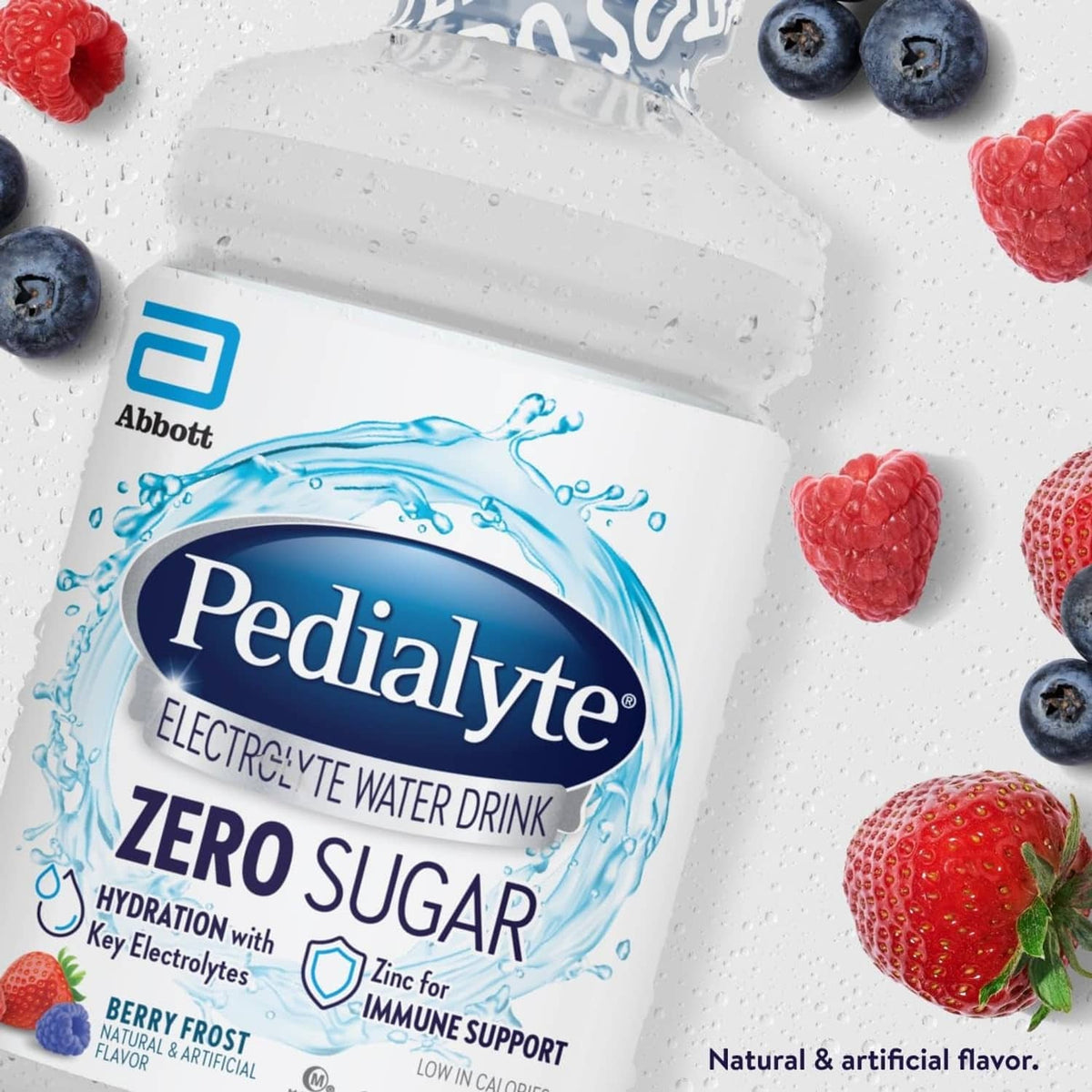 Pedialyte Zero Sugar electrolyte water bottle label, Berry Frost flavor