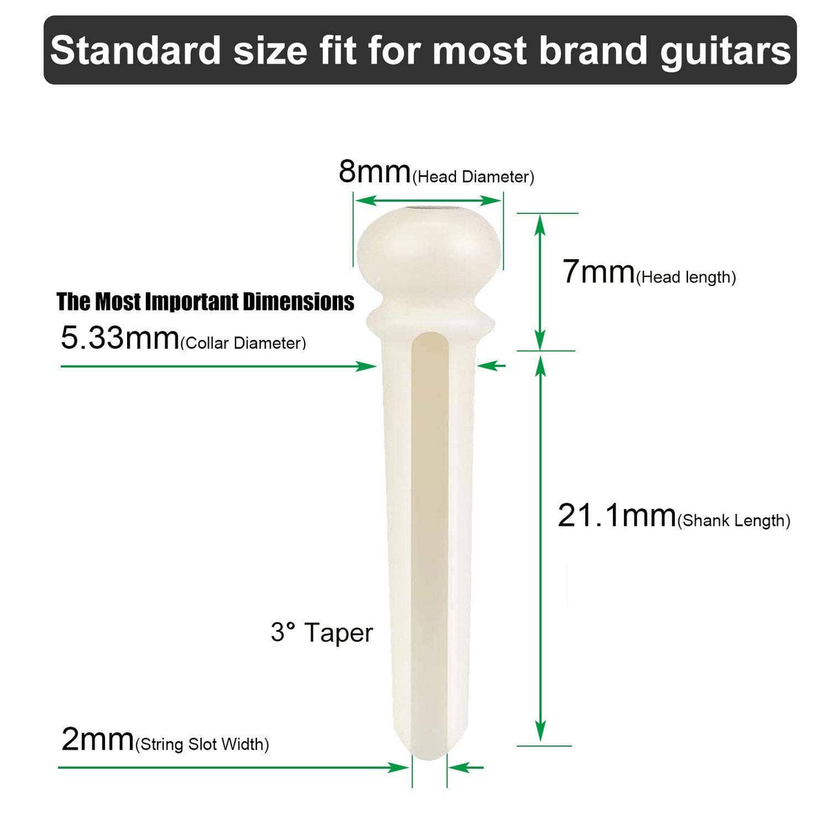 Bridge pin size diagram: 8mm head diameter, 7mm head length