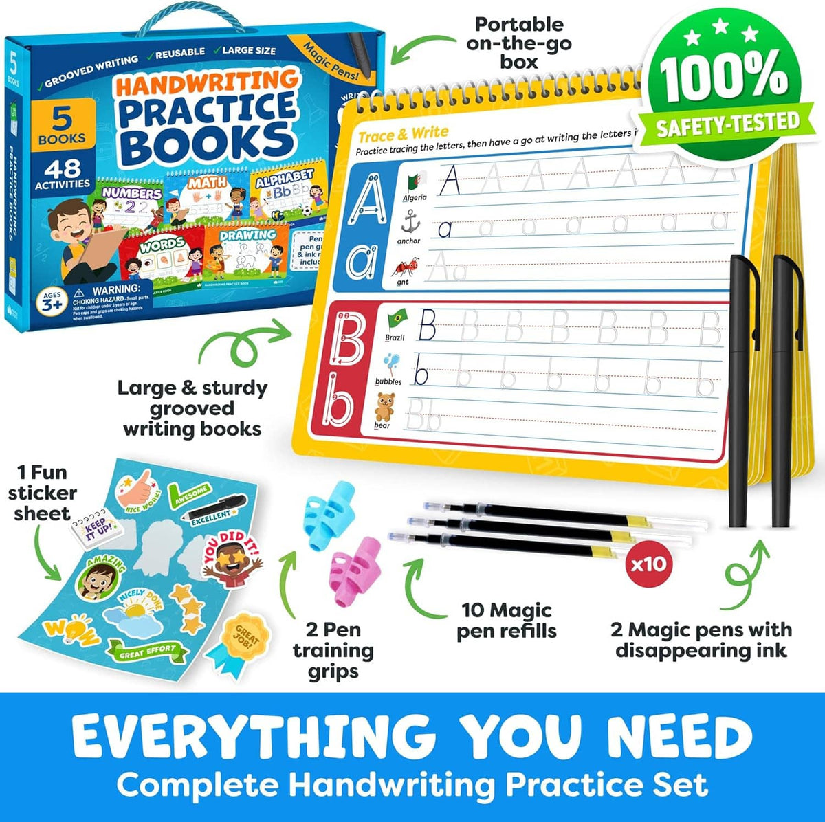 Portable handwriting practice set box with grooved writing pages and magic pens