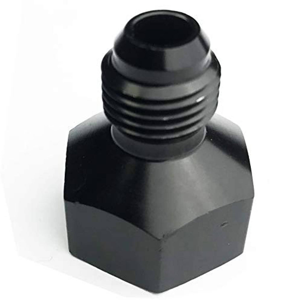Black AN reducer fitting, hex body with female inlet threads and male outlet threads