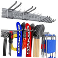 Garage wall tool organizer panel with multiple metal hooks and two hook rows