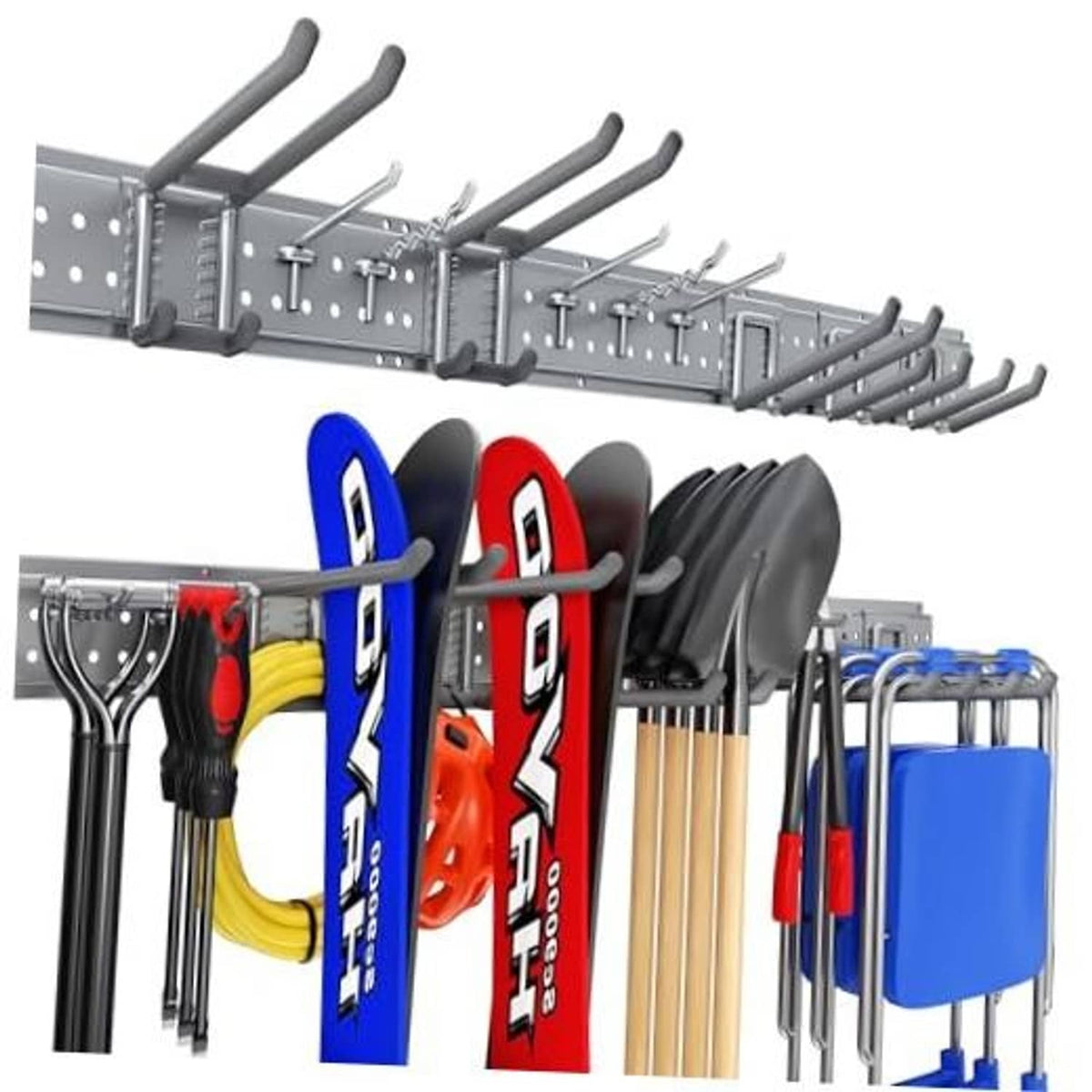 Garage wall tool organizer panel with multiple metal hooks and two hook rows