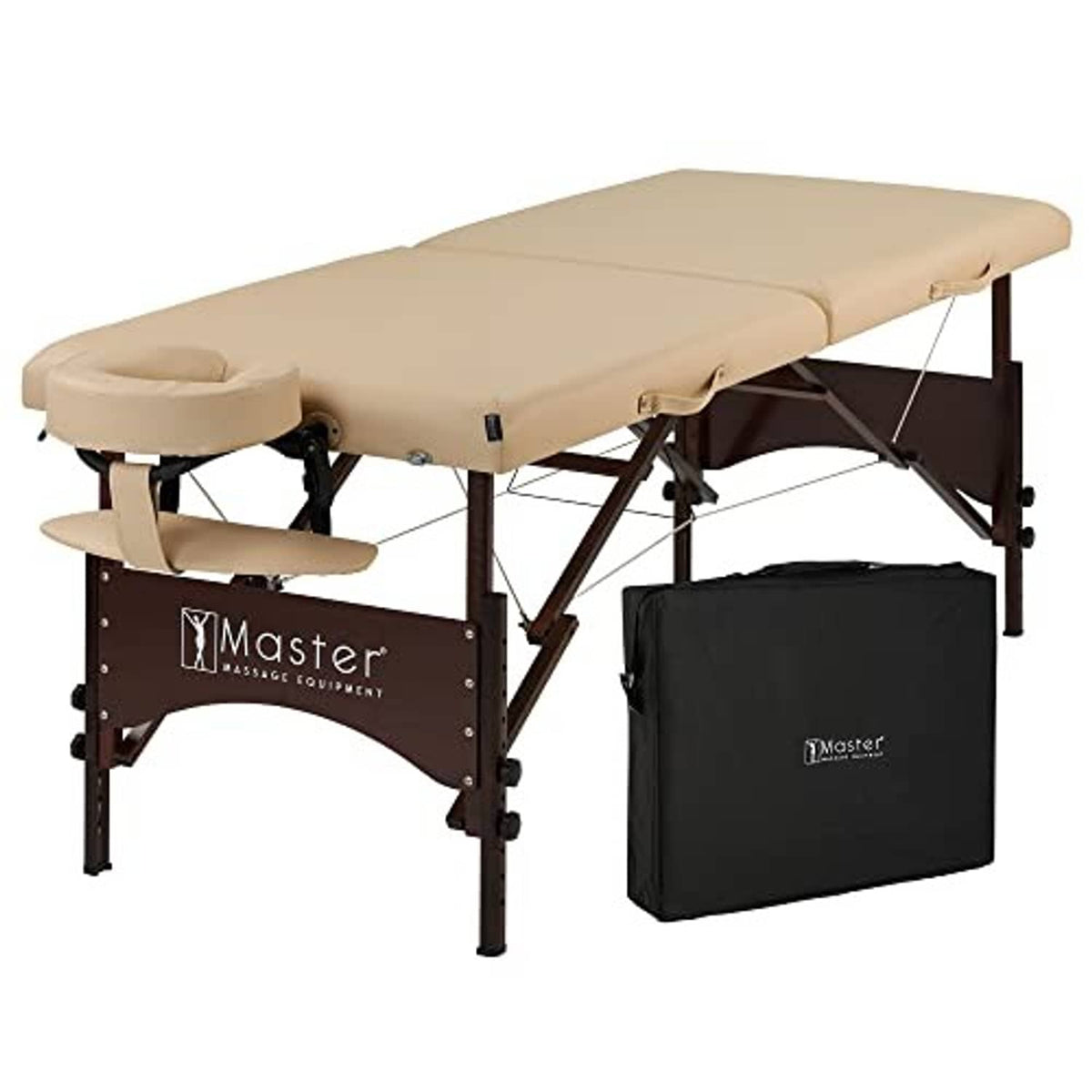 Portable massage table in cream with headrest and armrests, walnut frame, black carry bag