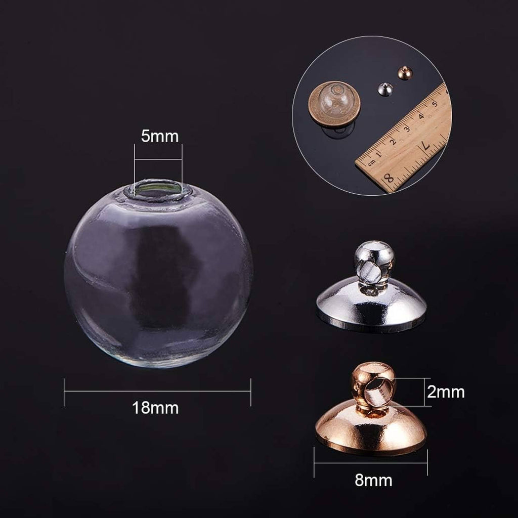 Mini clear glass globe bottle with metal cap, shown with size markings and hanging loop
