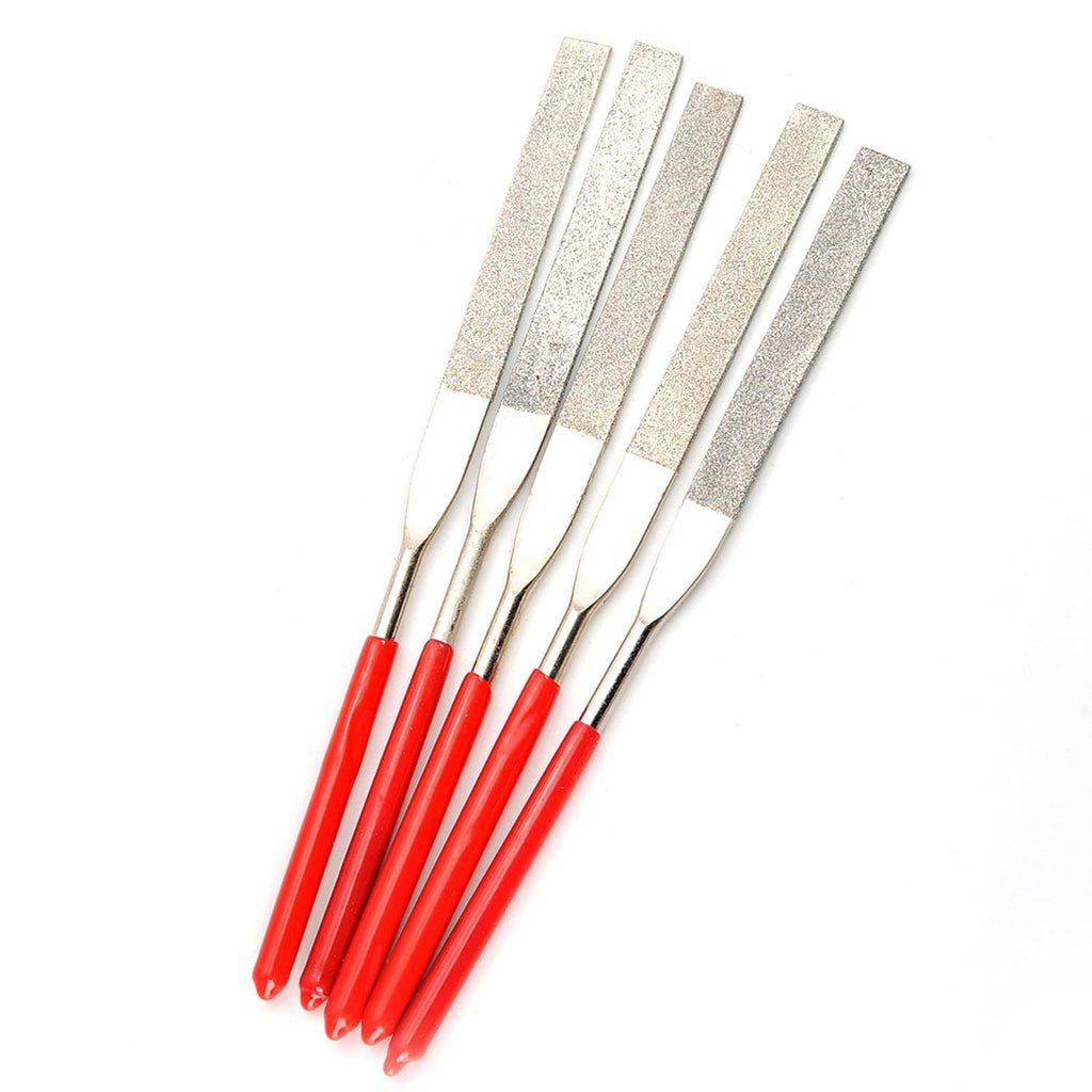 Diamond needle file set with five silver diamond tips and red nonslip handles