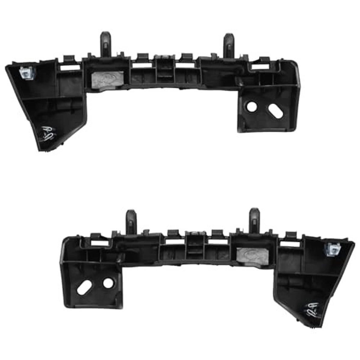 Front bumper cover support retainer bracket pair, black with mounting holes and tabs