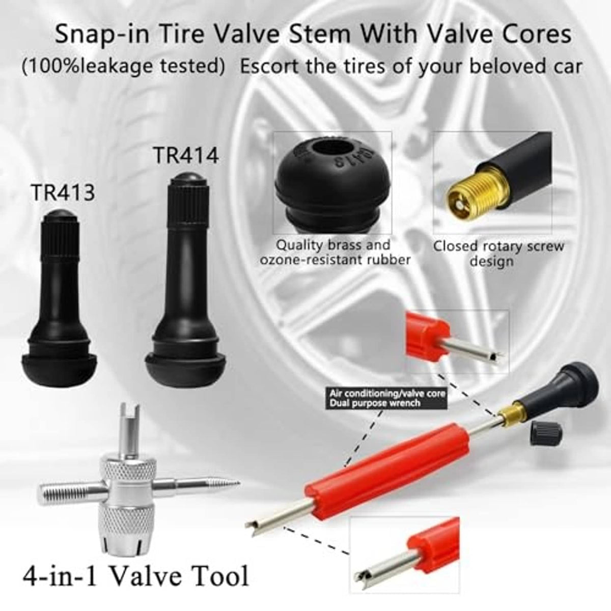 4-in-1 tire valve tool set with brass-and-rubber components and rotary screw head