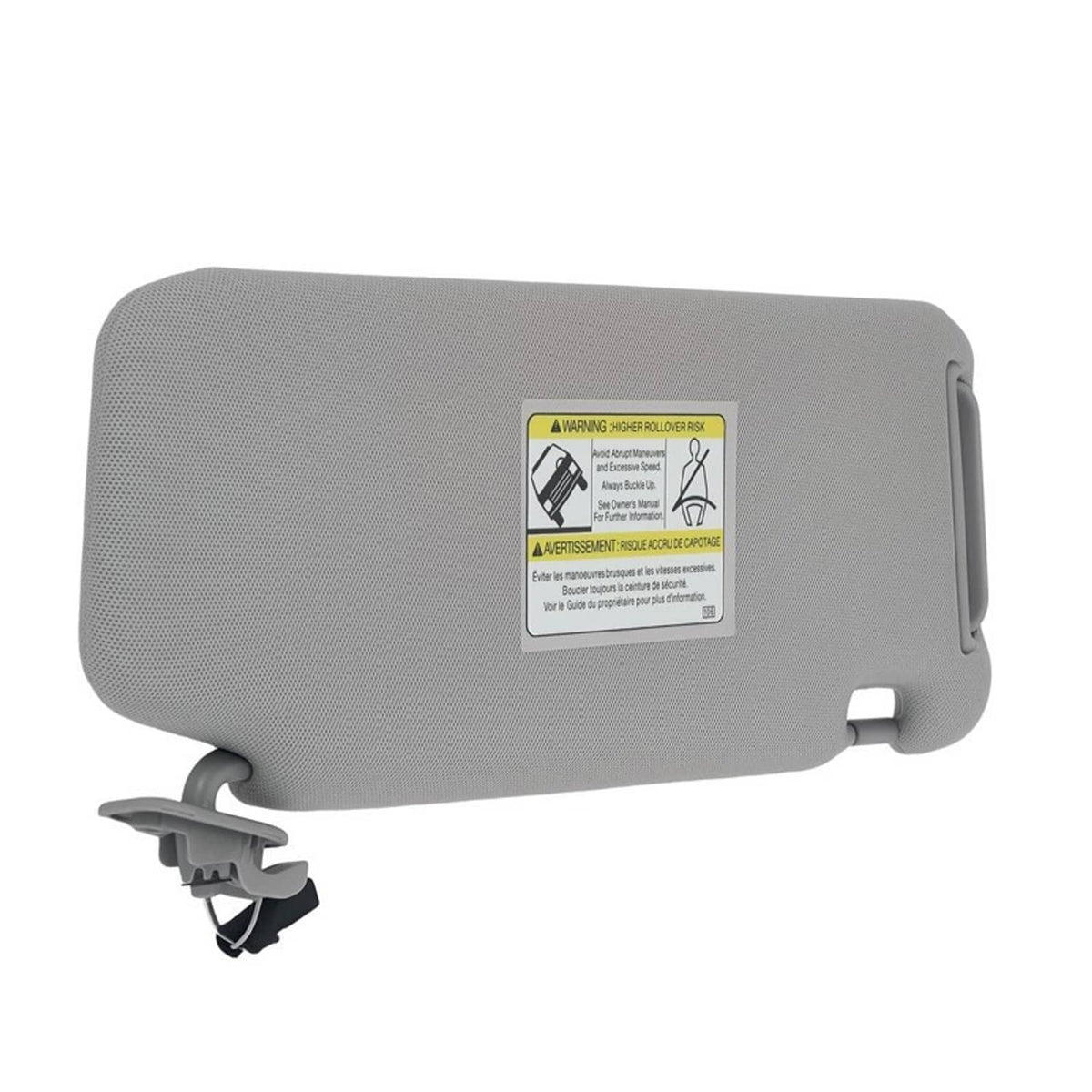 Gray sun visor with warning label and side mounting bracket detail