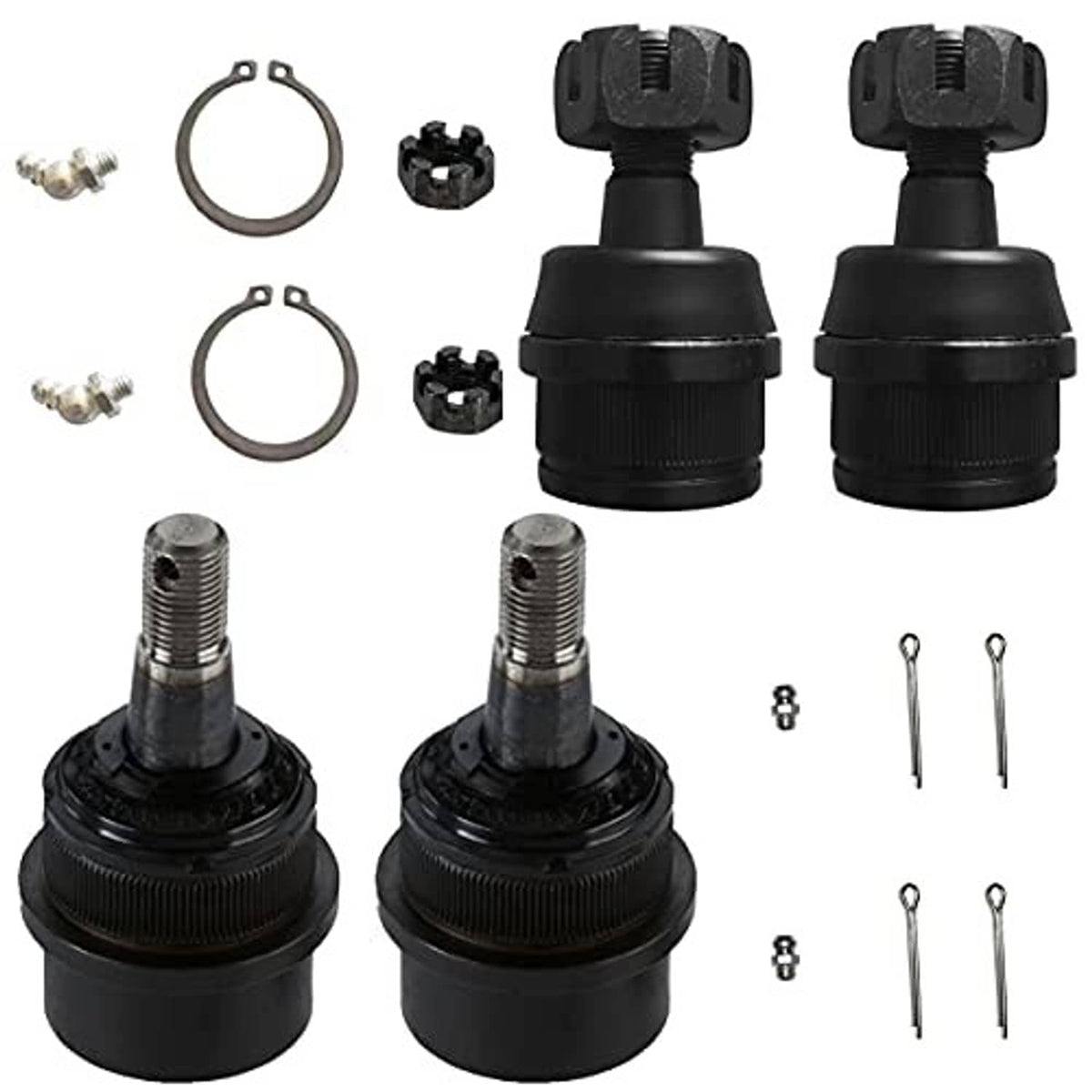 4-pack front ball joint kit showing two black ball joints and hardware pieces