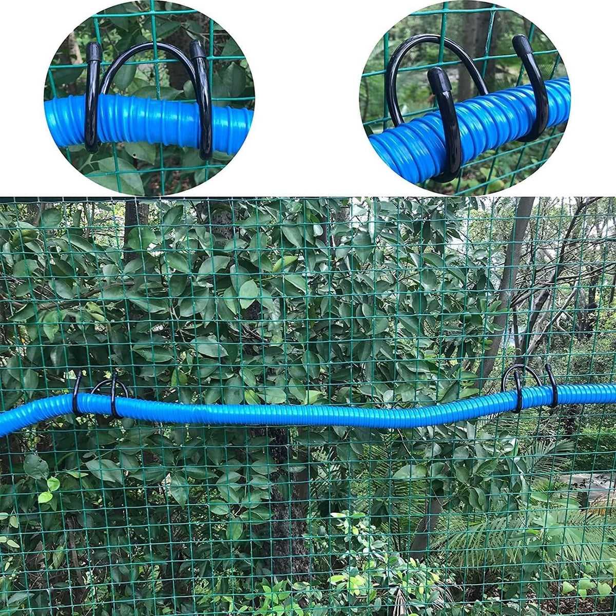 Black U-shaped hose hooks holding blue garden hose along a wire mesh panel