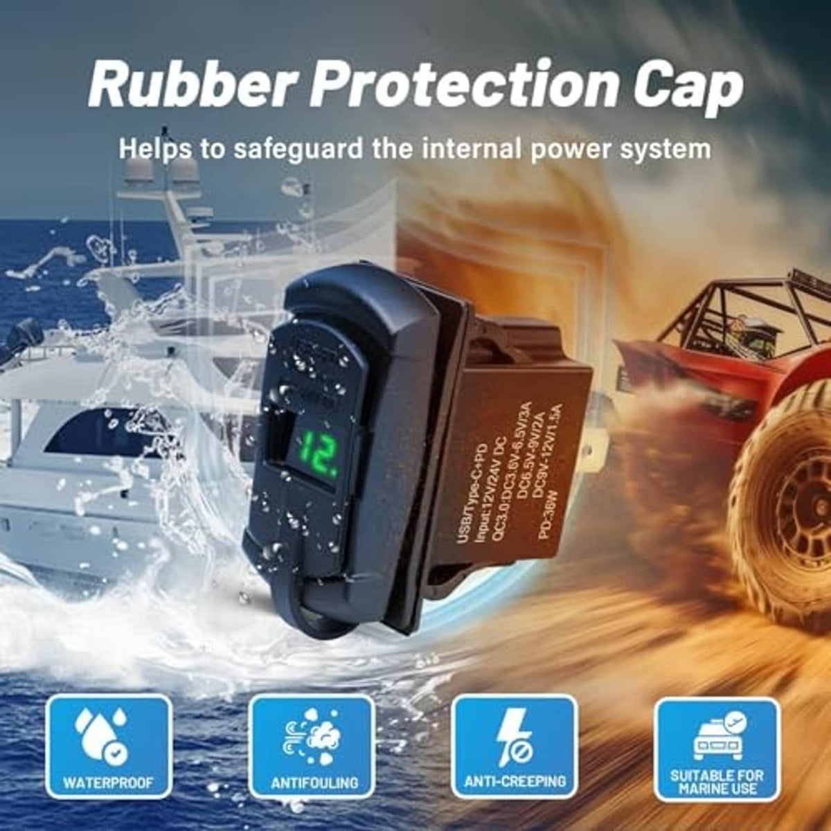 Water-resistant rocker switch insert with rubber protection cap and LED voltage display