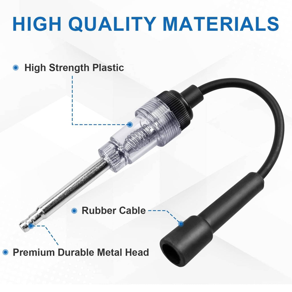 Inline spark plug tester with metal tip, rubber cable, and black connectors