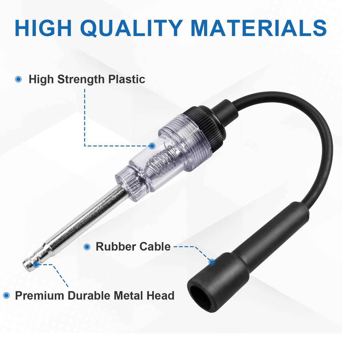 Inline spark plug tester with metal tip, rubber cable, and black connectors