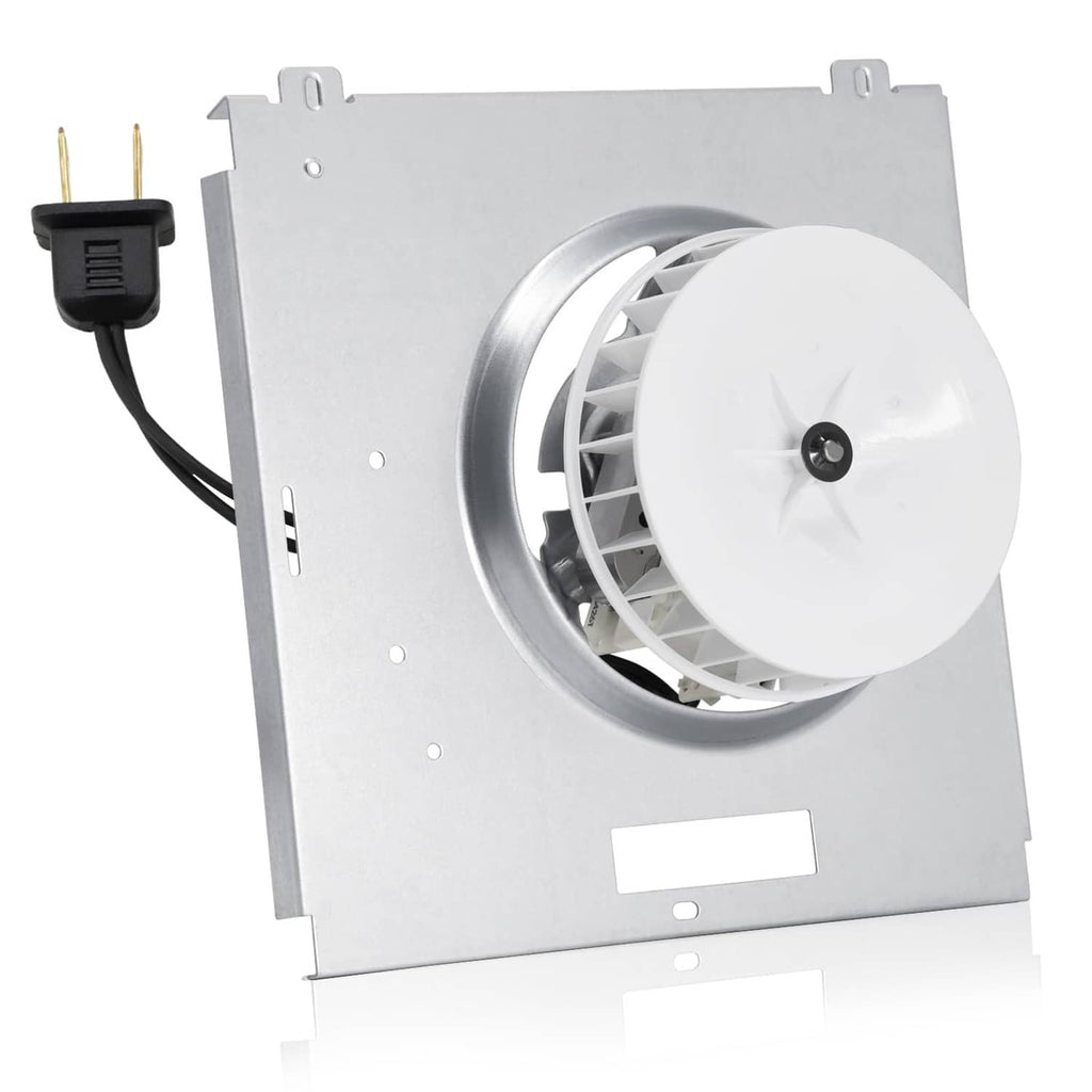 Bathroom fan motor assembly with white fan wheel, metal housing, and power cord