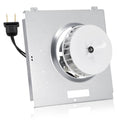 Bathroom fan motor assembly with white fan wheel, metal housing, and power cord