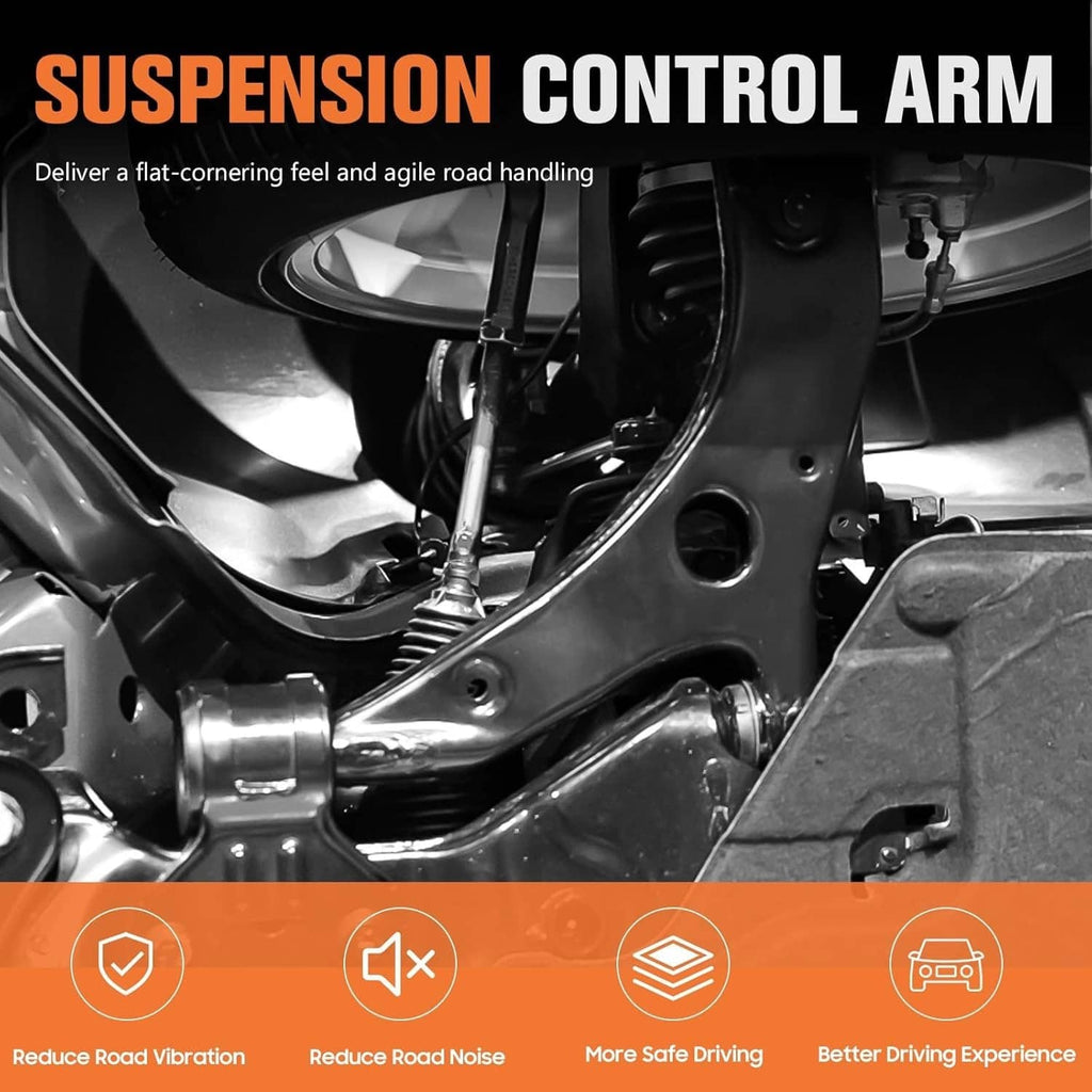Close-up of black suspension control arm and ball-joint linkage components