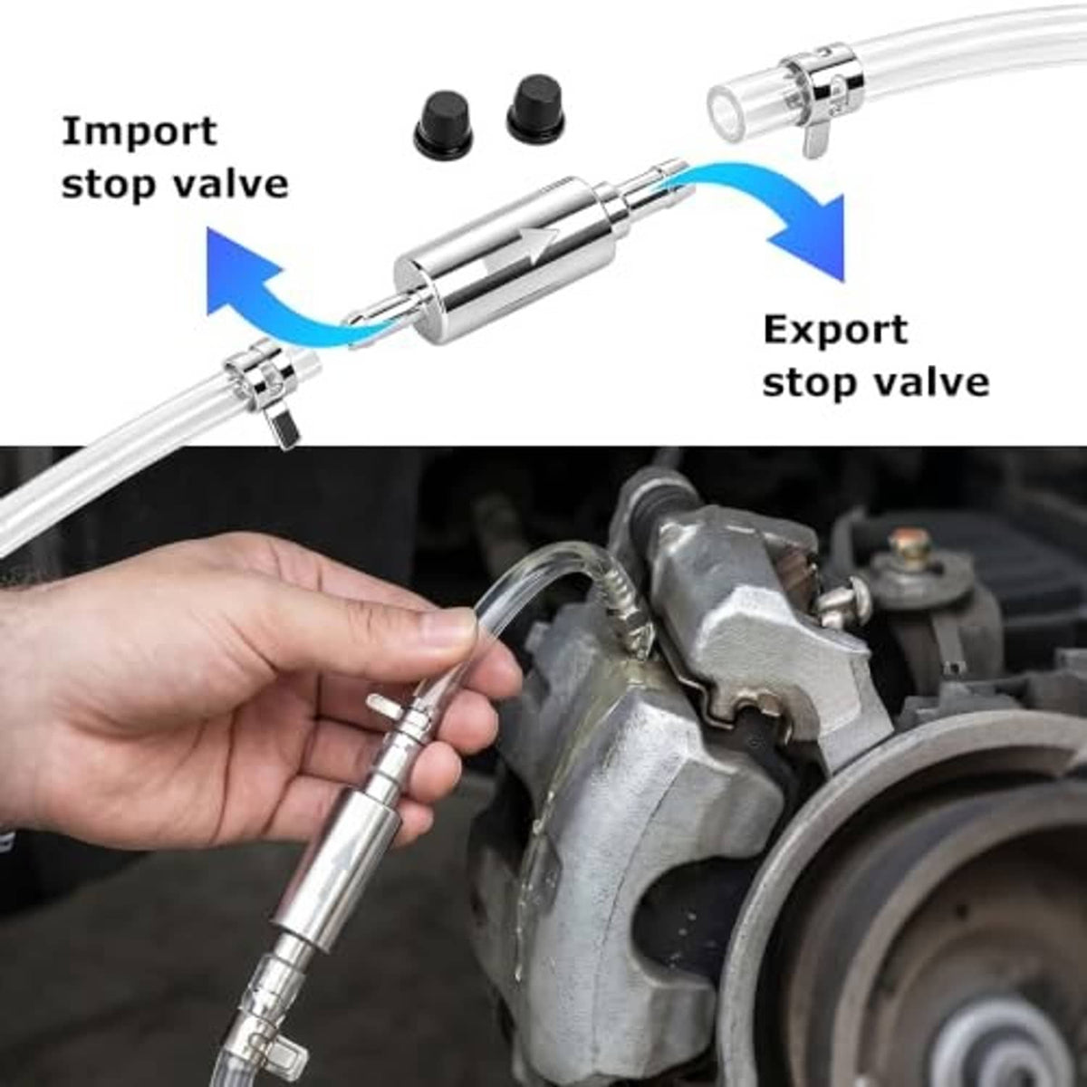 Brake bleeder hose kit one-way stop valve tool connected to brake caliper