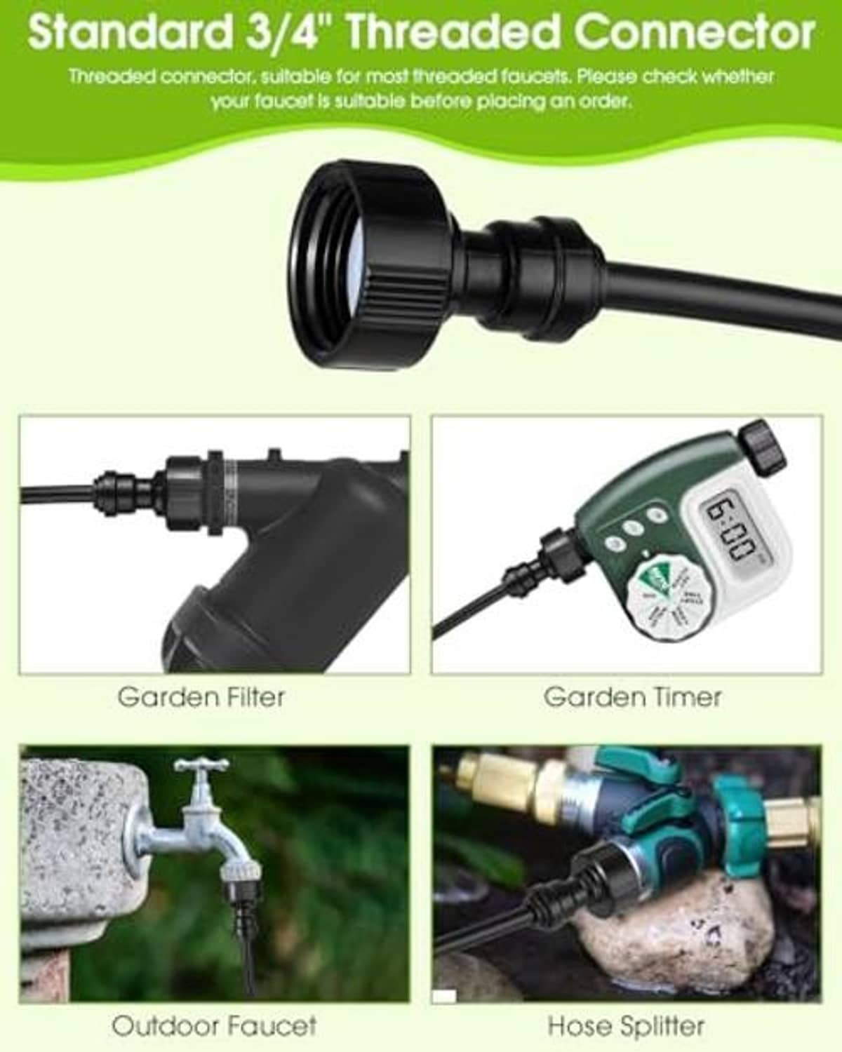 3/4-inch threaded garden connector with garden filter and timer shown