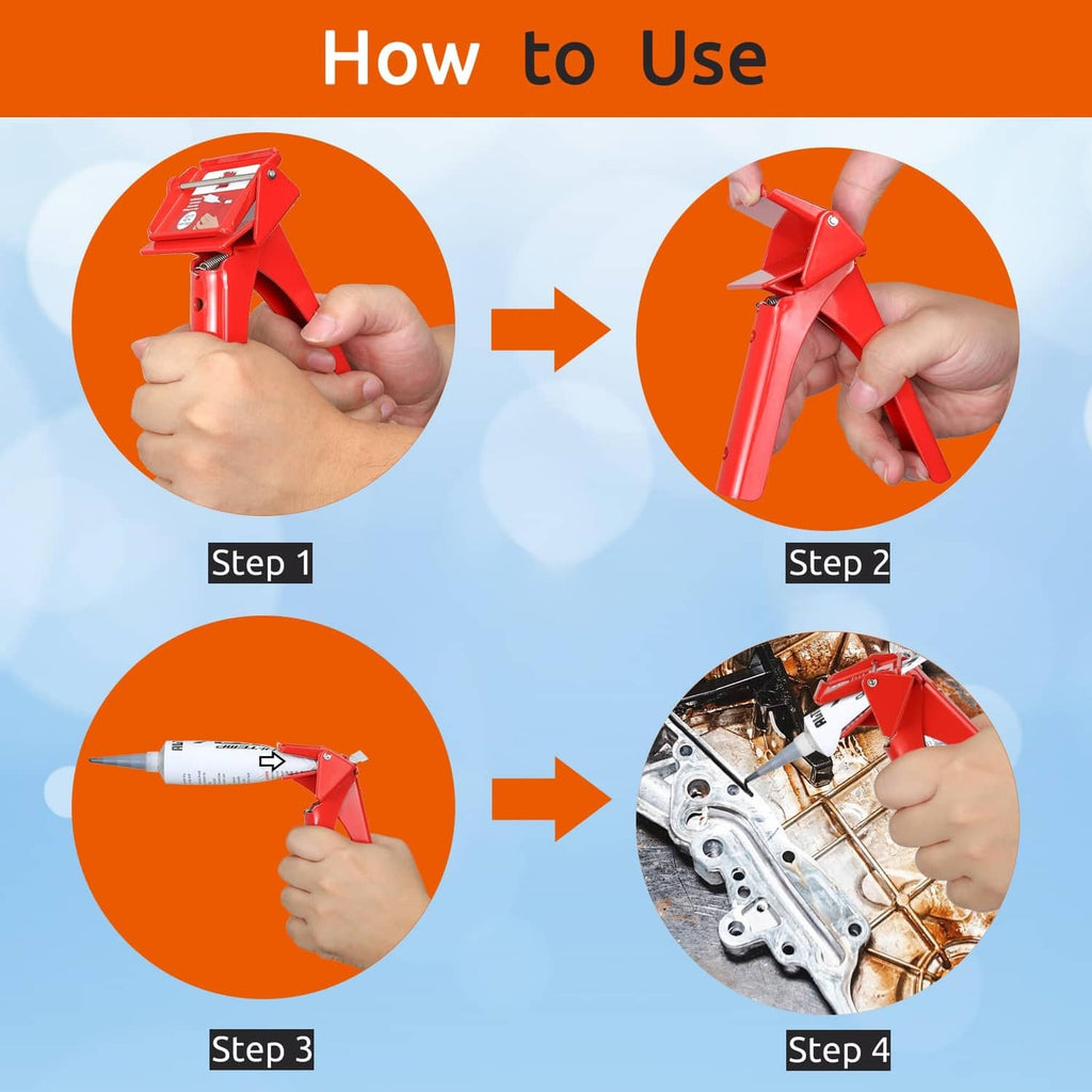 Red RTV tube extrusion tool with nozzle during hand setup steps