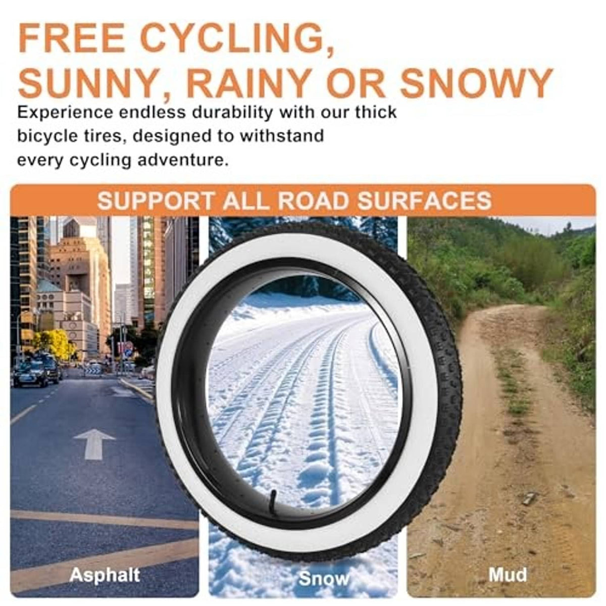 Fat bike tire with white sidewall and deep tread for road, snow, and mud