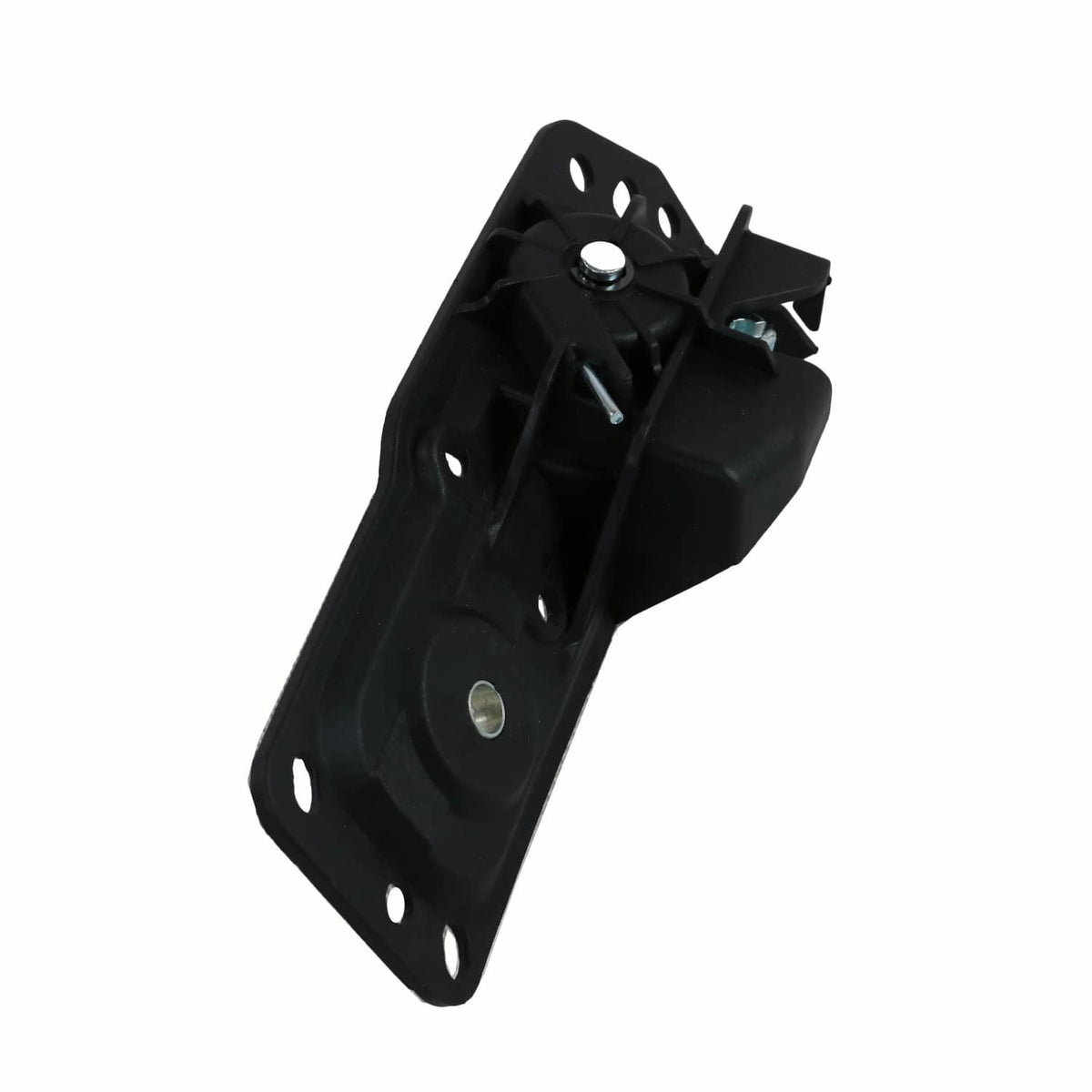 Interior door handle mounting bracket, black plastic with screw holes